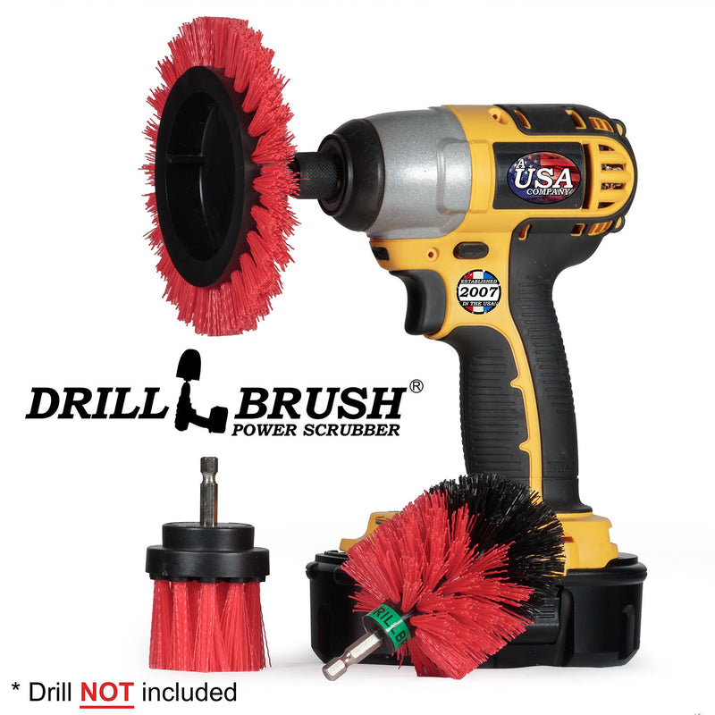 Drillbrush EMS-2L Stiff Red Outdoor & Patio Brush Kit with an Edge brush in a cordless drill.