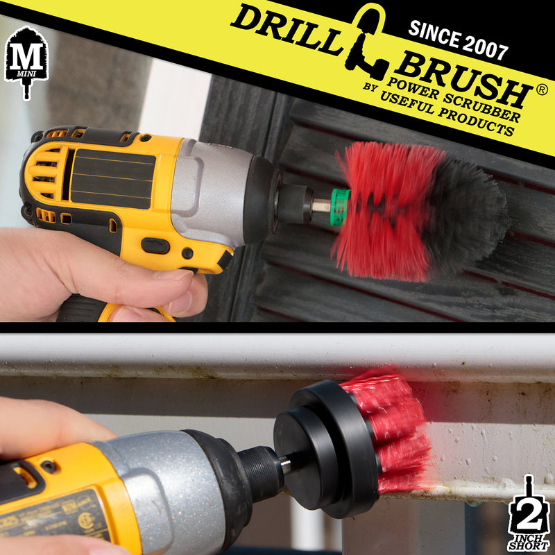 Action shots of a Stiff Red 2 inch Drillbrush cleaning a window frame and a Stiff Red Mini Drillbrush cleaning shutters.