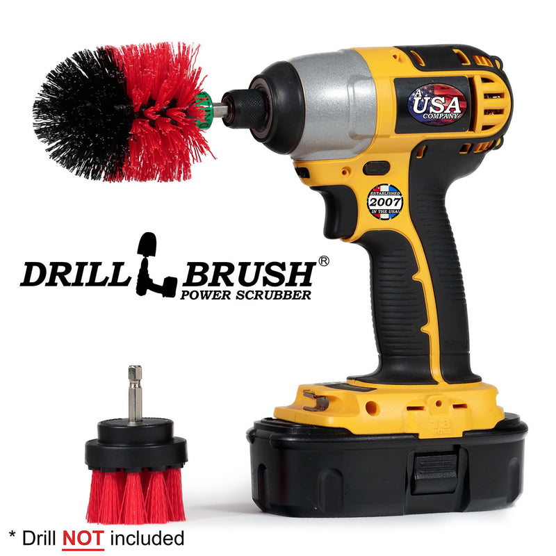 Drillbrush 2M Stiff Red Outdoor & Patio Brush Kit with a Mini brush in a cordless drill.