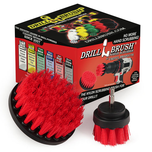 Drillbrush Stiff Red 4 inch and 2 inch Short brushes in front of their packaging. 