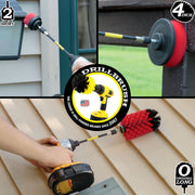 Action shots of a Stiff Red Original Jumbo Drillbrush in a 5 inch extension cleaning siding, a Stiff Red 2 inch Short Drillbrush in a 5 inch extension cleaning an outdoor light, and a Stiff Red 4 inch Drillbrush in a 5 inch extension cleaning a wooden deck railing.
