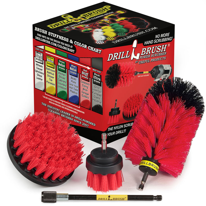 4in Flat Brush, 2in Short Brush, and Jumbo Original all in Stiff Red Plus 5" Extension - Marble Cleaner  | R-S-42J-5X-QC-DB