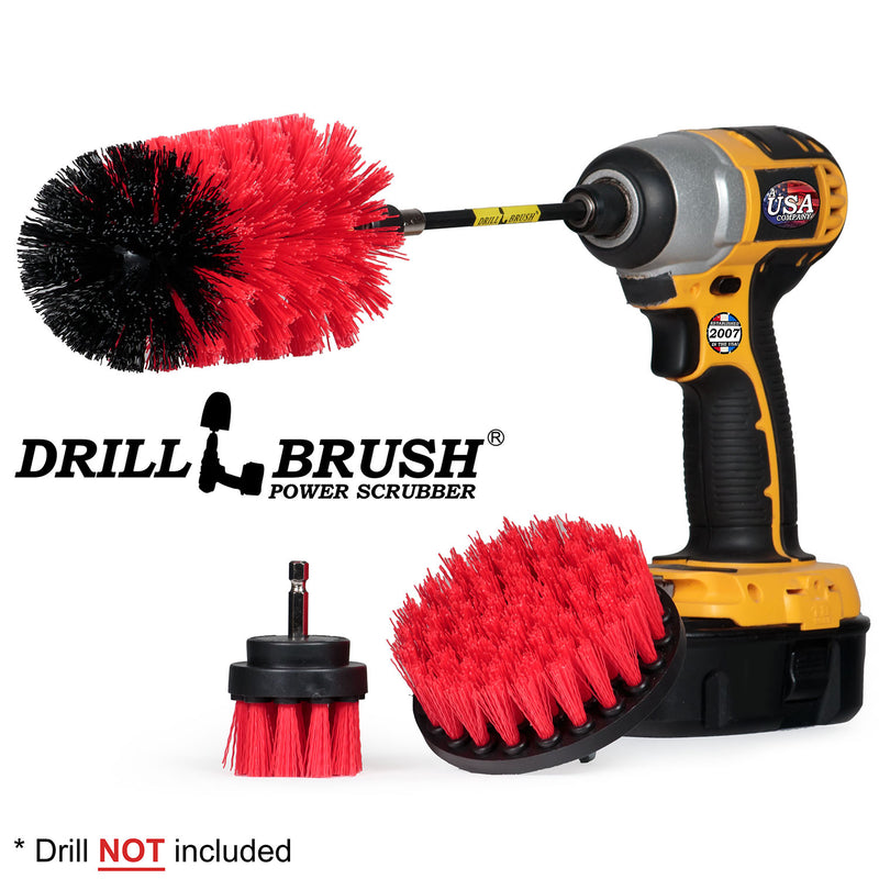 Drillbrush 42J-5X Stiff Red Outdoor & Patio Brush Kit with an Original Jumbo brush in a 5 inch extension in a cordless drill.