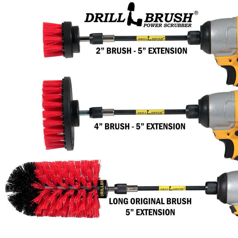 Images of the Drillbrush 2 inch Short, 4 inch, and Original Jumbo Stiff Red Outdoor & Patio Brushes in 5 inch extensions in cordless drills.