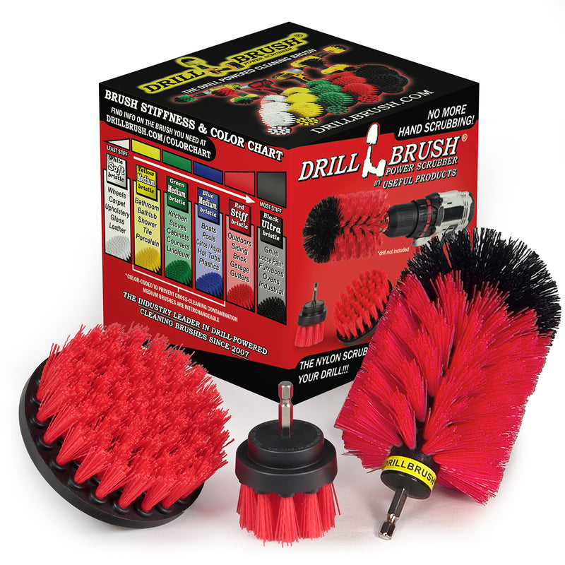 4in Flat Brush, 2in Short Brush, and Jumbo Original all in Stiff Red - Outdoor Cleaning Brush Set | R-S-42J-QC-DB