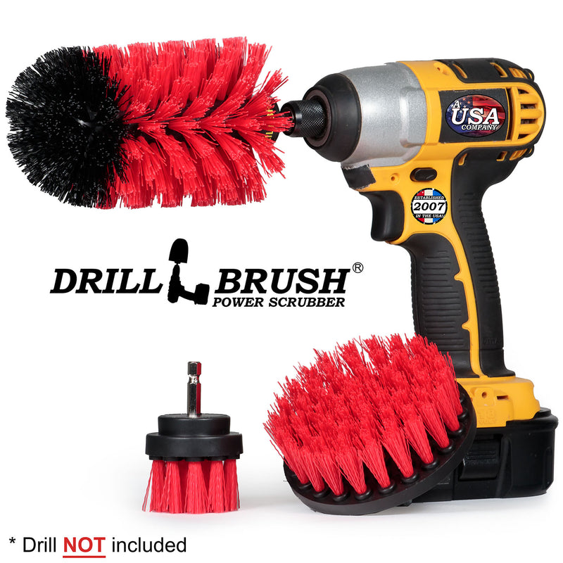Drillbrush 42J Stiff Red Outdoor & Patio Brush Kit with an Original Jumbo brush in a cordless drill.