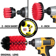 Images of the Drillbrush 2 inch Short, 4 inch, and Original Jumbo Stiff Red Outdoor & Patio Brushes in cordless drills.