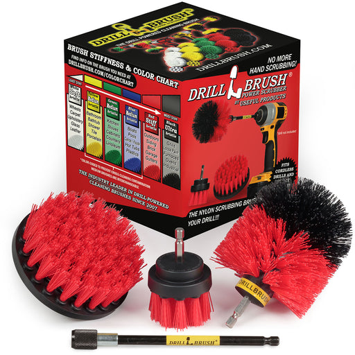The Drillbrush 42O-5X Red Stiff Outdoor & Patio Brush Kit in front of the box it comes in.