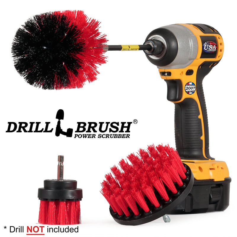 The Drillbrush Stiff Red 4-2-O kit with 5 inch extension pictured with the Original brush in a cordless drill.