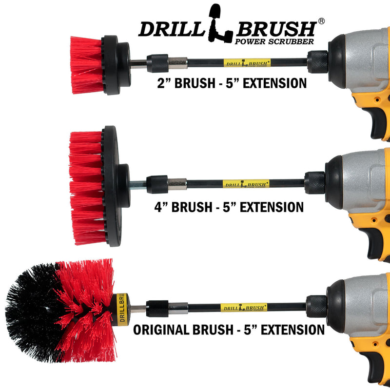 Images of the Drillbrush 2 inch Short, 4 inch, and Original Stiff Red Outdoor & Patio Brushes in 5 inch extensions in cordless drills.