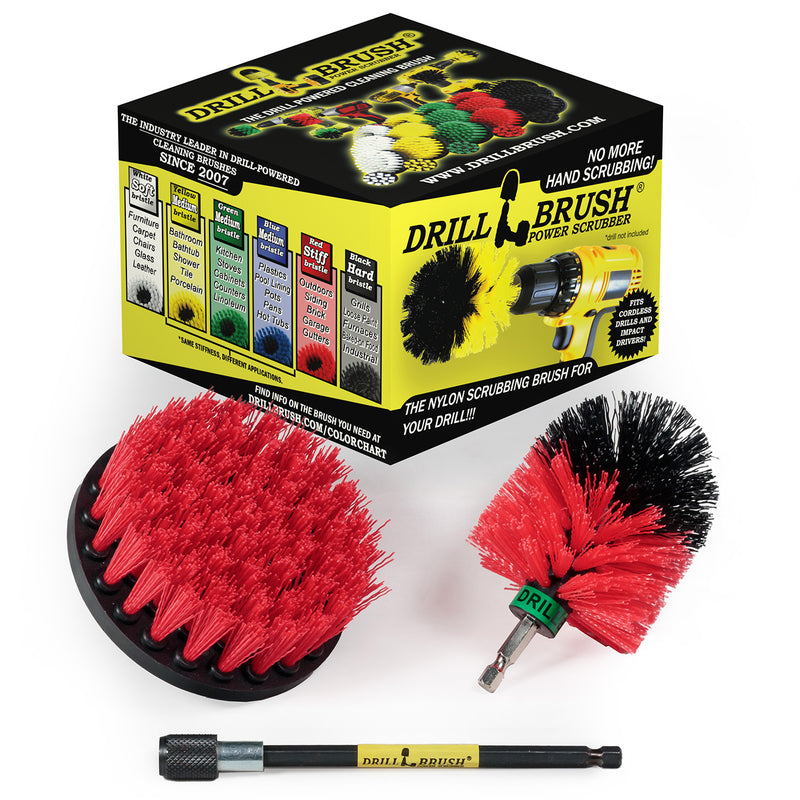 Mini & 4in Red Brushes w/5in Extension - Stiff Bristles - Outdoor & Patio Cleaning | R-S-4M-5X-QC-DB