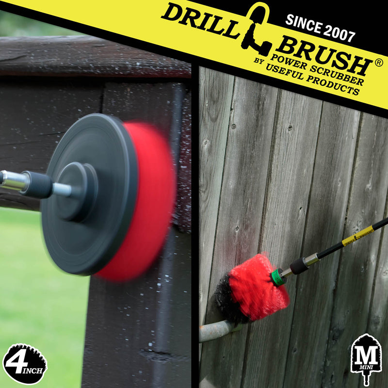 Action shots of a Stiff Red Mini brush in a 5 inch extension cleaning a gate handle and a Stiff Red 4 inch in a 5 inch extension cleaning a wooden railing.