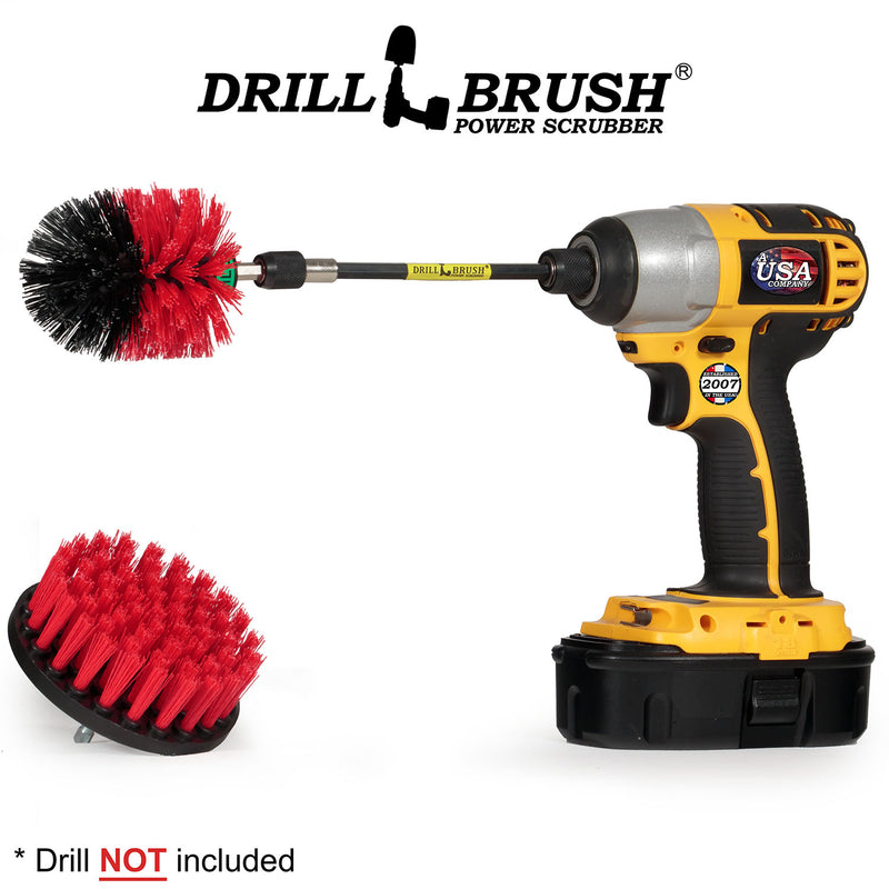 Mini & 4in Red Brushes w/5in Extension - Stiff Bristles - Outdoor & Patio Cleaning | R-S-4M-5X-QC-DB