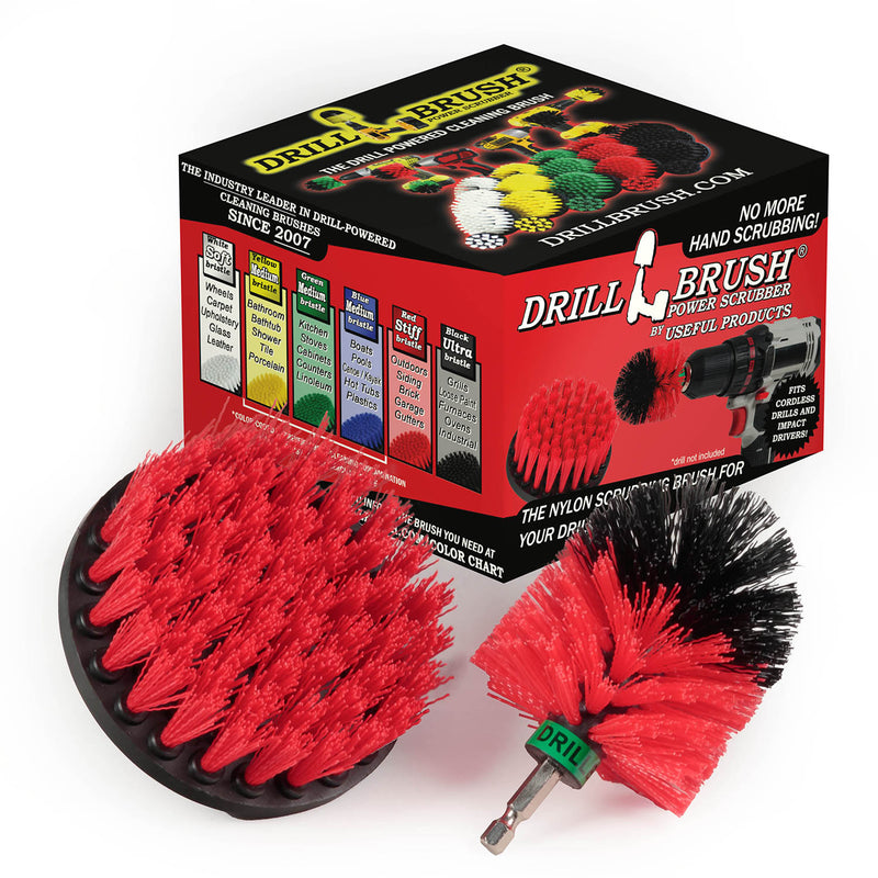 The Drillbrush 4M Red Stiff Outdoor & Patio Brush Kit in front of the box it comes in.