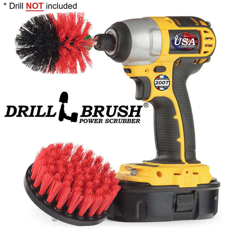 Drillbrush 4M Stiff Red Outdoor & Patio Brush Kit with an Original Mini brush in a cordless drill.