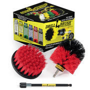 The Drillbrush 4O-5X Stiff Red Outdoor and Patio Brush Kit in front of the packaging it comes in.