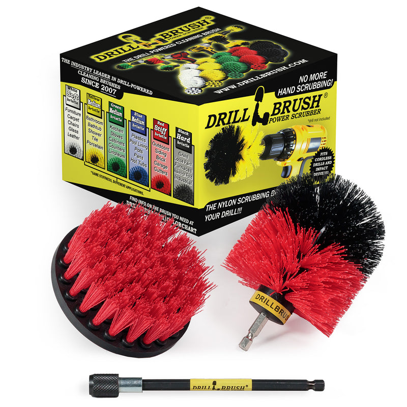 The Drillbrush 4O-5X Stiff Red Outdoor and Patio Brush Kit in front of the packaging it comes in.