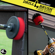 Action shots of a Stiff Red Original brush in a 5 inch extension cleaning a roof and a Stiff Red 4 inch in a 5 inch extension cleaning a wooden railing.