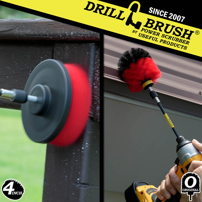 Action shots of a Stiff Red Original brush in a 5 inch extension cleaning a roof and a Stiff Red 4 inch in a 5 inch extension cleaning a wooden railing.