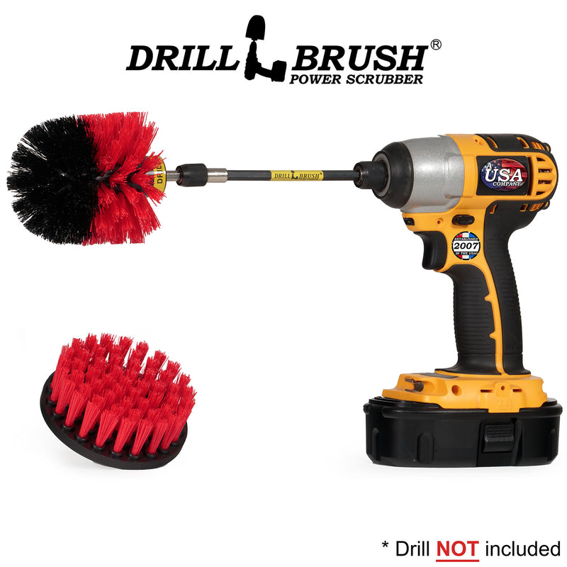 Drillbrush 4O-5X Stiff Red Outdoor and Patio Brush Kit with an Original brush in a 5 inch extension in a cordless drill.