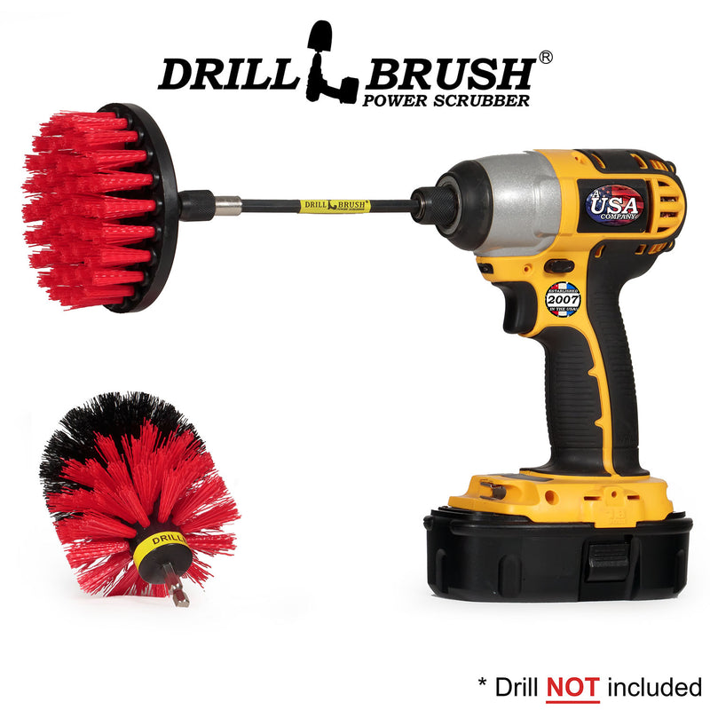 Drillbrush 4O-5X Stiff Red Outdoor and Patio Brush Kit with a 4 inch brush in a 5 inch extension in a cordless drill.