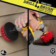 Action shots of a Stiff Red Original brush cleaning deck steps and a Stiff Red 4 inch cleaning vinyl siding.