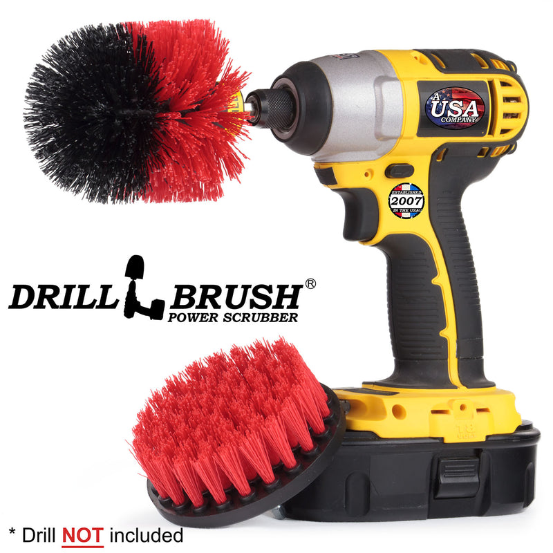 Drillbrush 4O Stiff Red Outdoor & Patio Brush Kit with an Original brush in a cordless drill.