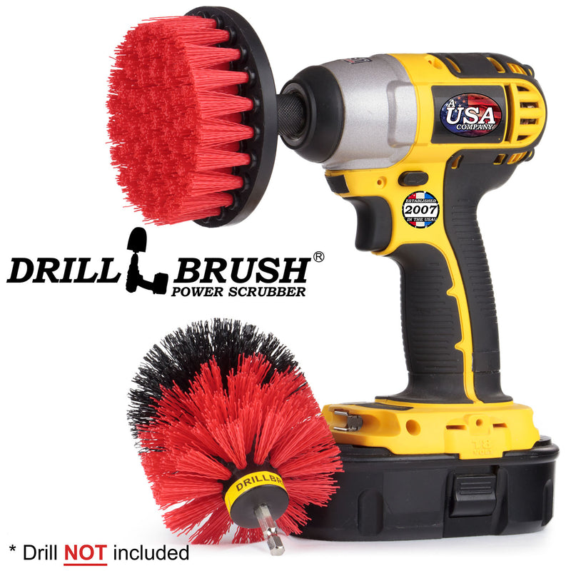 Drillbrush 4O Stiff Red Outdoor & Patio Brush Kit with a 4 inch brush in a cordless drill.