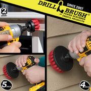 Action shots of a Stiff Red Original brush cleaning deck steps, a Stiff Red 2 inch Short Drillbrush cleaning an outdoor railing, and a Stiff Red 5 inch cleaning a deck.