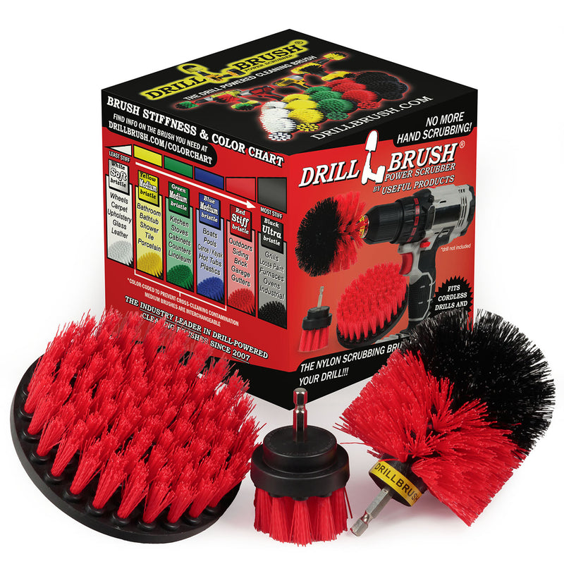 The Drillbrush 52O Red Stiff Outdoor & Patio Brush Kit in front of the box it comes in.