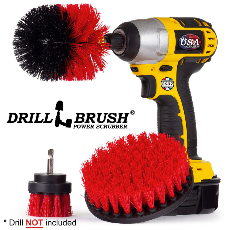 Drillbrush 52O Stiff Red Outdoor & Patio Brush Kit with an Original brush in a cordless drill.