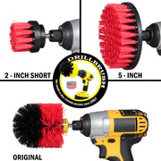 Images of the Drillbrush 2 inch Short, 5 inch and Original Stiff Red Outdoor & Patio Brushes in cordless drills.