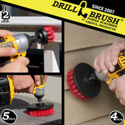 Action shots of a Stiff Red 2 inch Short Drillbrush cleaning a window frame, a Stiff Red 4 inch Drillbrush cleaning vinyl siding, and a Stiff Red 5 inch cleaning metal siding.