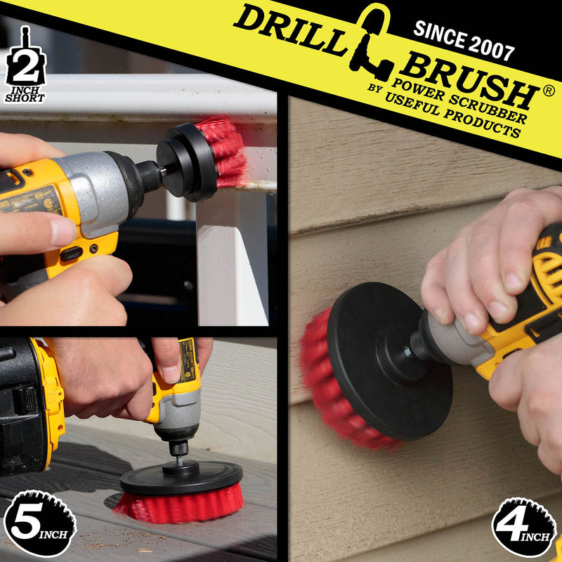 Action shots of a Stiff Red 2 inch Short Drillbrush cleaning a window frame, a Stiff Red 4 inch Drillbrush cleaning vinyl siding, and a Stiff Red 5 inch cleaning metal siding.