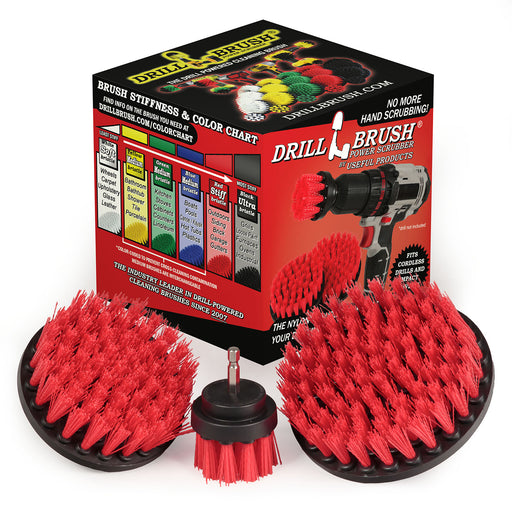 The Drillbrush 542 Red Stiff Outdoor & Patio Brush Kit in front of the box it comes in.
