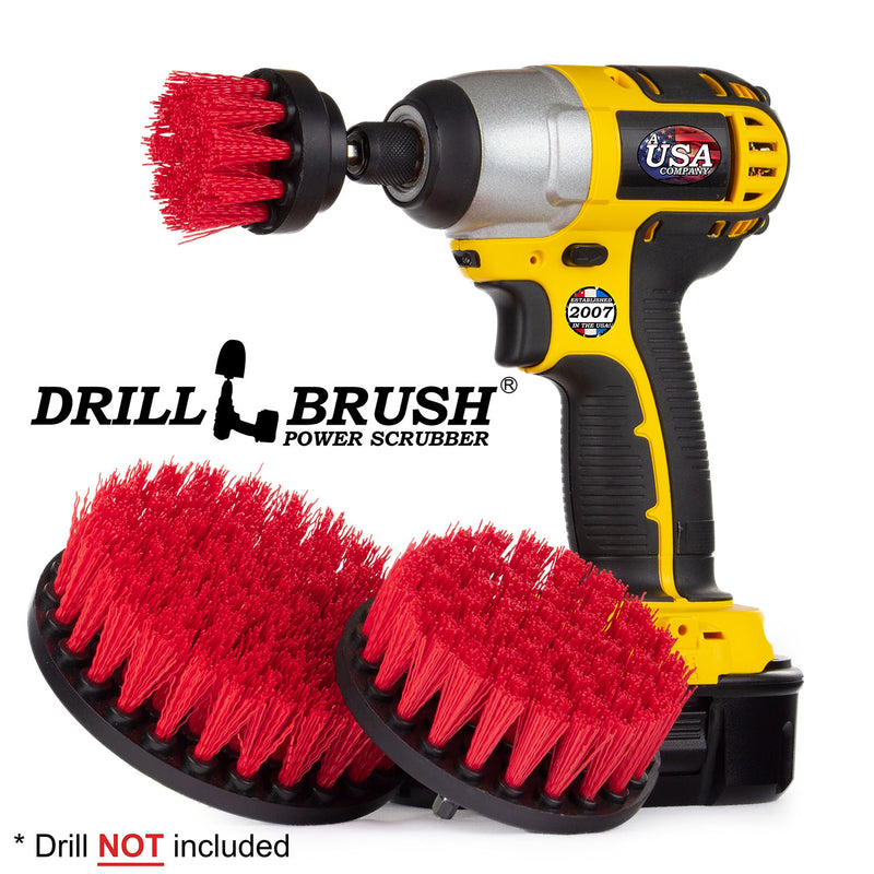 The Drillbrush 542 Stiff Red Outdoor Brush Kit with 2 inch brush placed in a cordless drill.