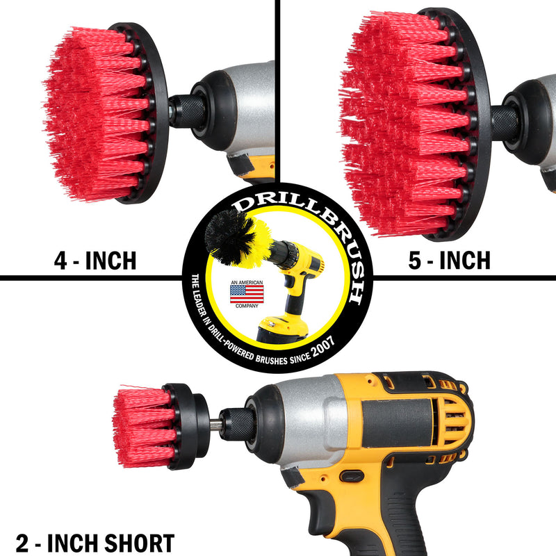 Images of the Drillbrush 2 inch Short, 4 inch, and 5 inch Stiff Red Outdoor & Patio Brushes in cordless drills.