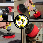 Action images of a Stiff Red 2 inch Short, Original, and 5 inch Flat Drillbrush cleaning deck stairs, a 4 inch flat brush scrubbing siding, and a Cone-shaped corner brush cleaning a garage door track.