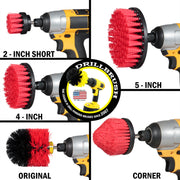 Stiff Red Original, 4 inch Flat, 5 inch Flat, Cone-shaped Corner, and 2 inch Short Detail Drillbrush brushes each installed on a cordless drill.