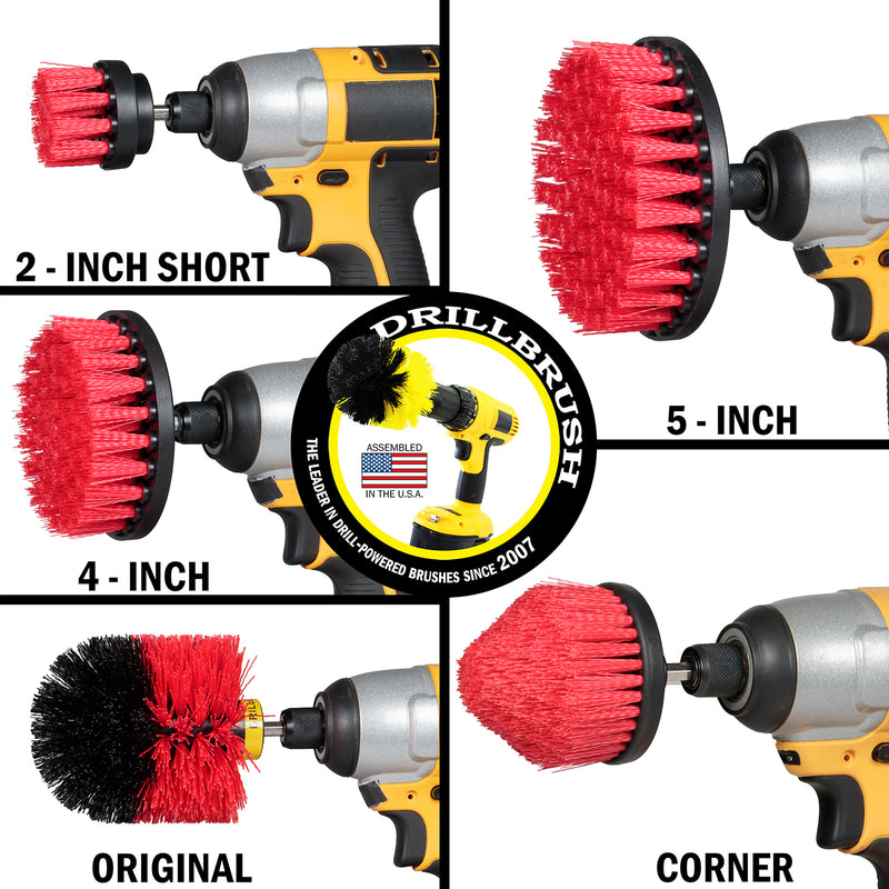 Stiff Red Original, 4 inch Flat, 5 inch Flat, Cone-shaped Corner, and 2 inch Short Detail Drillbrush brushes each installed on a cordless drill.