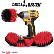 Stiff Red Original, 4 inch Flat, 5 inch Flat, Cone-shaped Corner, and 2 inch Short Detail Drillbrush brushes pictured with a cordless drill.