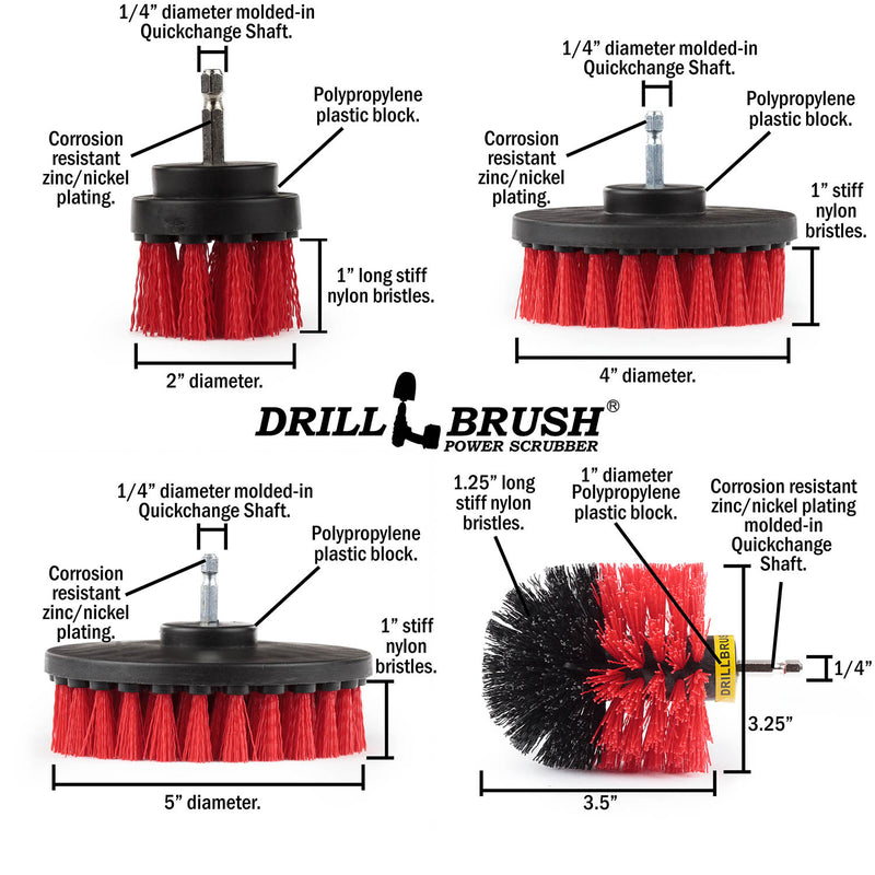 Technical specs and dimensions for the Stiff Red 2 inch Short Detail, 4 inch Flat, 5 inch Flat, and Original Corner brushes.