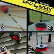 Action shots of a Stiff Red Original brush in a 7 inch extension cleaning and outdoor lighting fixture, a Stiff Red 2 inch Short Drillbrush 7 inch extension cleaning eaves, a Stiff Red 4 inch Drillbrush 7 inch extension cleaning vinyl furniture, and a Stiff Red 5 inch Drillbrush 7 inch extension cleaning a deck railing.