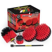 The Drillbrush 542O-7X Red Stiff Outdoor & Patio Brush Kit in front of the box it comes in.