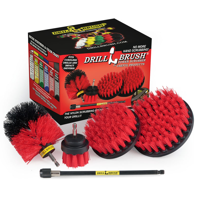 The Drillbrush 542O-7X Red Stiff Outdoor & Patio Brush Kit in front of the box it comes in.