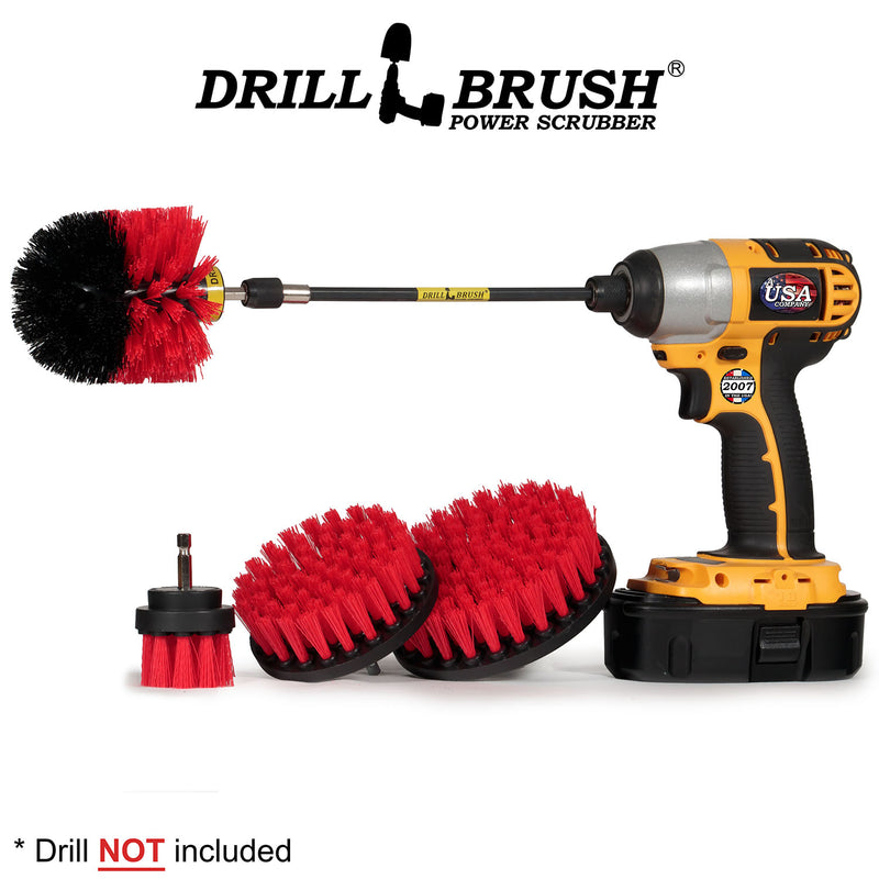 Drillbrush 542O-7X Stiff Red Outdoor & Patio Brush Kit with an Original brush in a 7 inch extension in a cordless drill.
