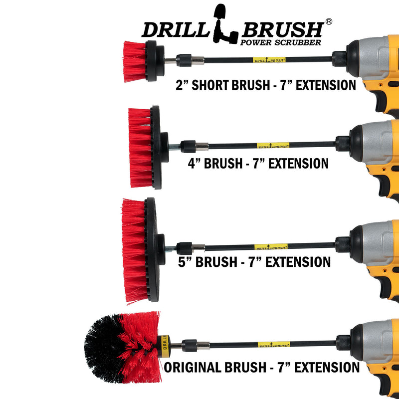 Images of the Drillbrush 2 inch Short, 4 inch, 5 inch and Original Stiff Red Outdoor & Patio Brushes in 7 inch extensions in cordless drills.