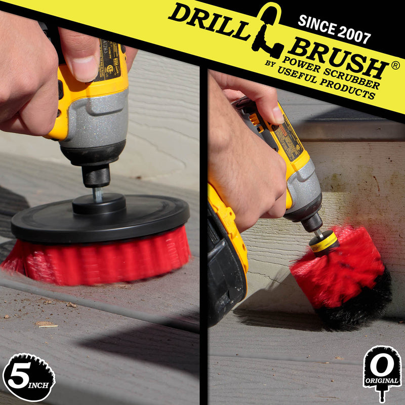 Action shots of a Stiff Red Original brush and a Stiff Red 5 inch cleaning deck steps.