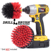 Drillbrush 5O Stiff Red Outdoor and Patio Brush Kit with an Original brush in a cordless drill.