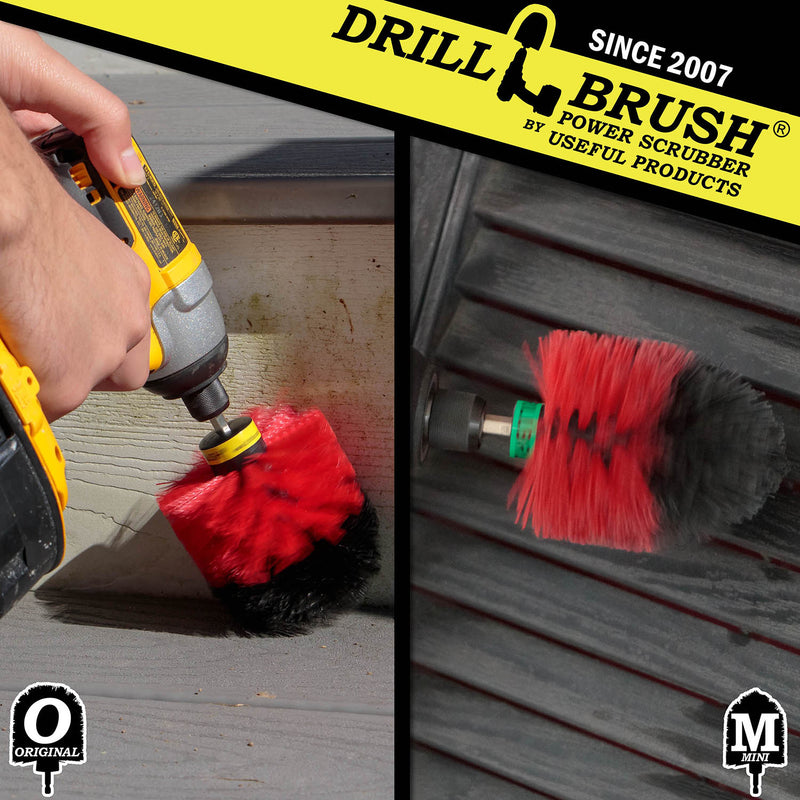 Action shots of a Stiff Red Original brush and a Stiff Red Mini cleaning cut grass.